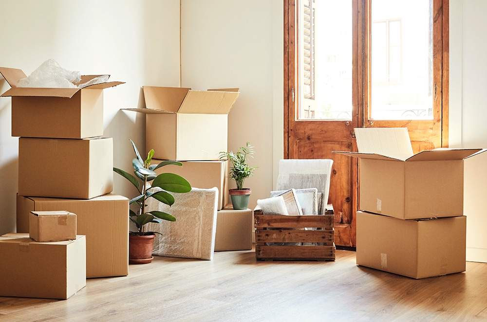 Moving boxes stacked and opened