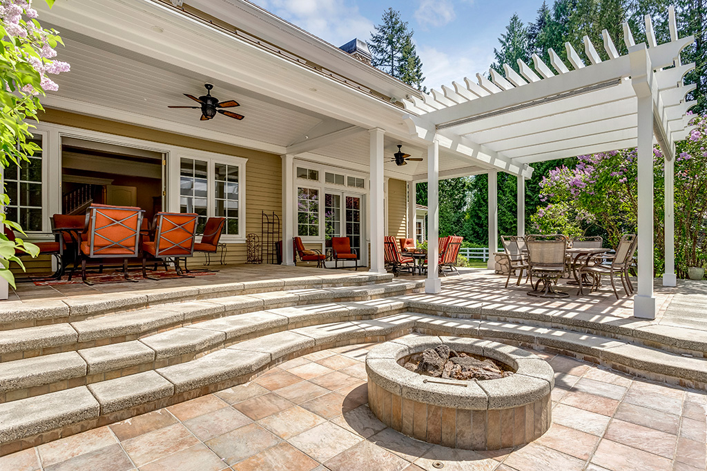 Outdoor patio with built in stone firepit