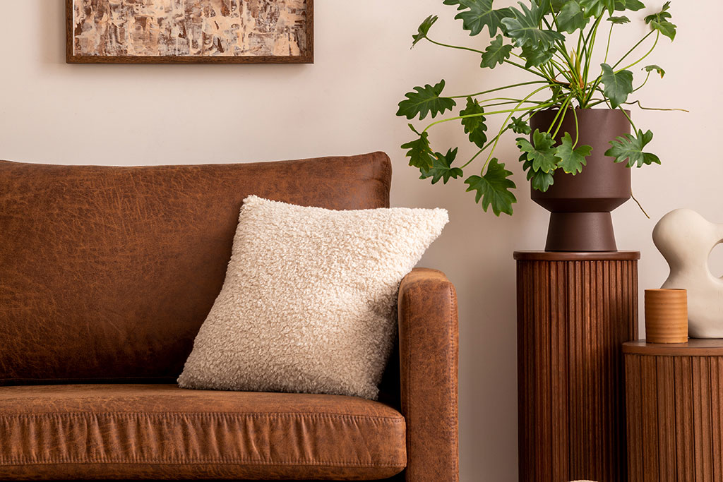 Leather couch with plant on side table