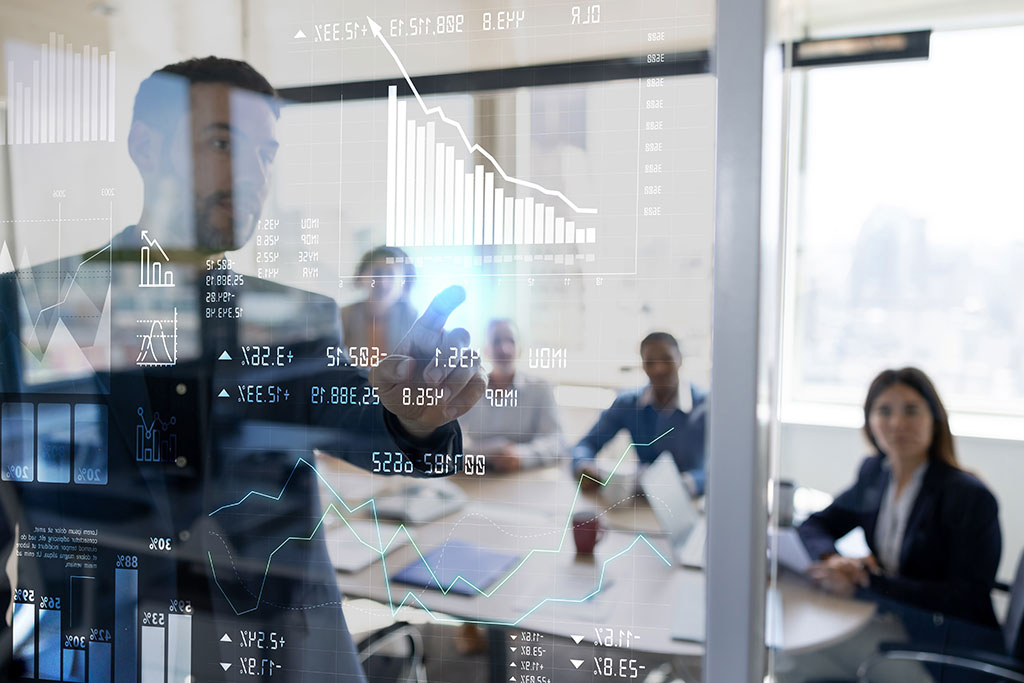 Business meeting presenting financial information