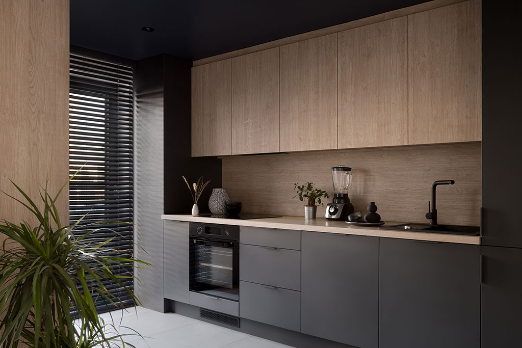 Modern kitchen with black ceiling and cabinets