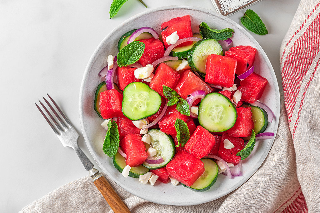 Bowl with watermelon salad