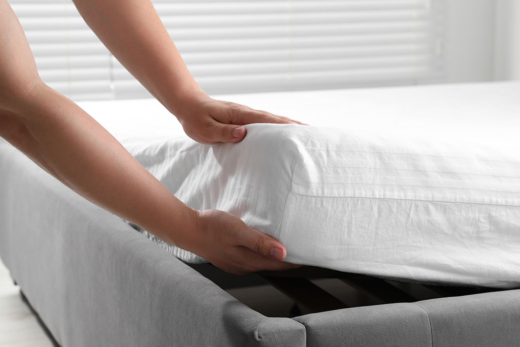 Person putting mattress protector on mattress