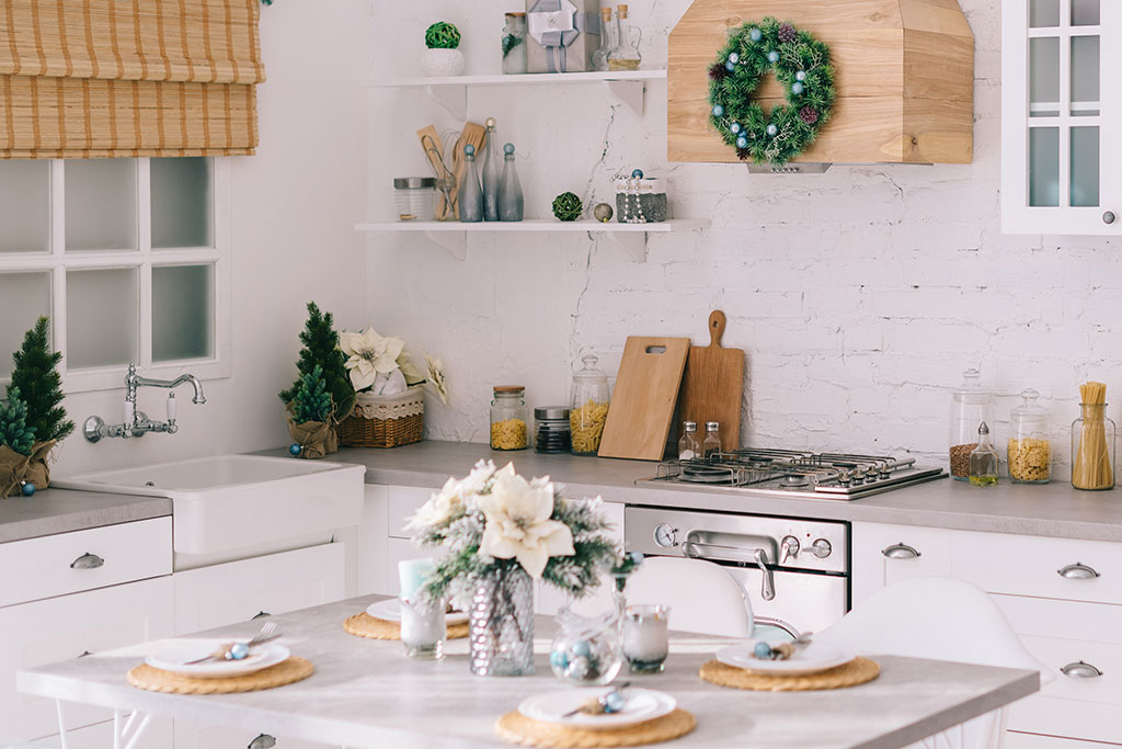 Kitchen decorated for christmas