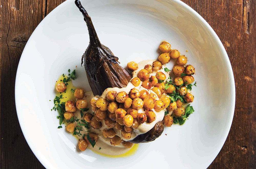 Whole Roasted Eggplant with Tahini, Crispy Chickpeas, and Sumac