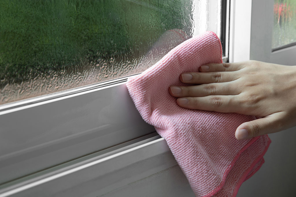 Woman wiping down window sill