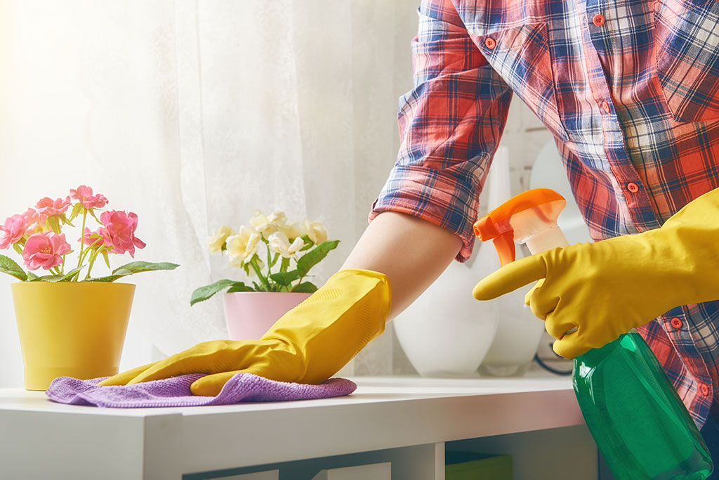 Woman cleaning countertops