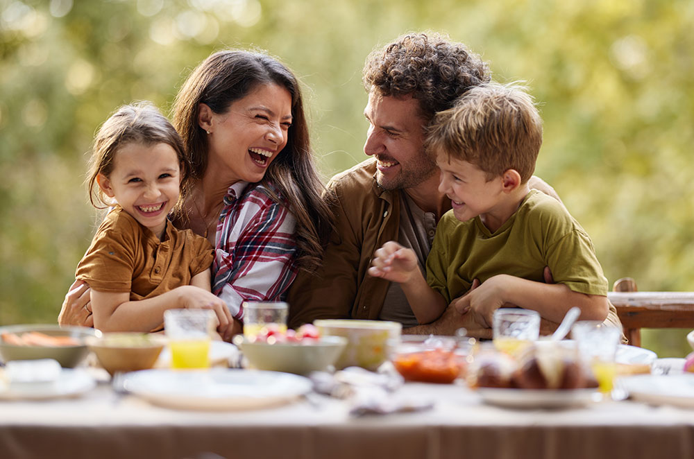 Family eating food. outside